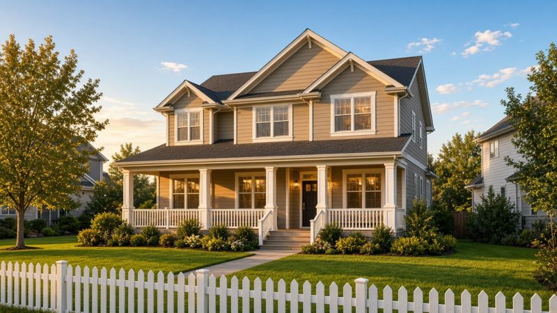 Suburban family home with a white picket fence