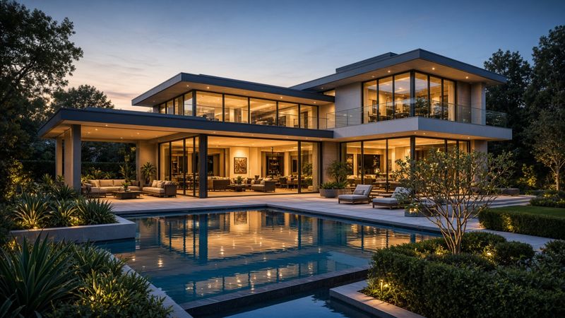 Luxury modern home with a pool at dusk